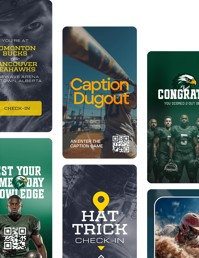 Three IC Engage Experience Hub games—Game Day Trivia, Caption This!, and Check-in to Win—showcasing innovative digital solutions
