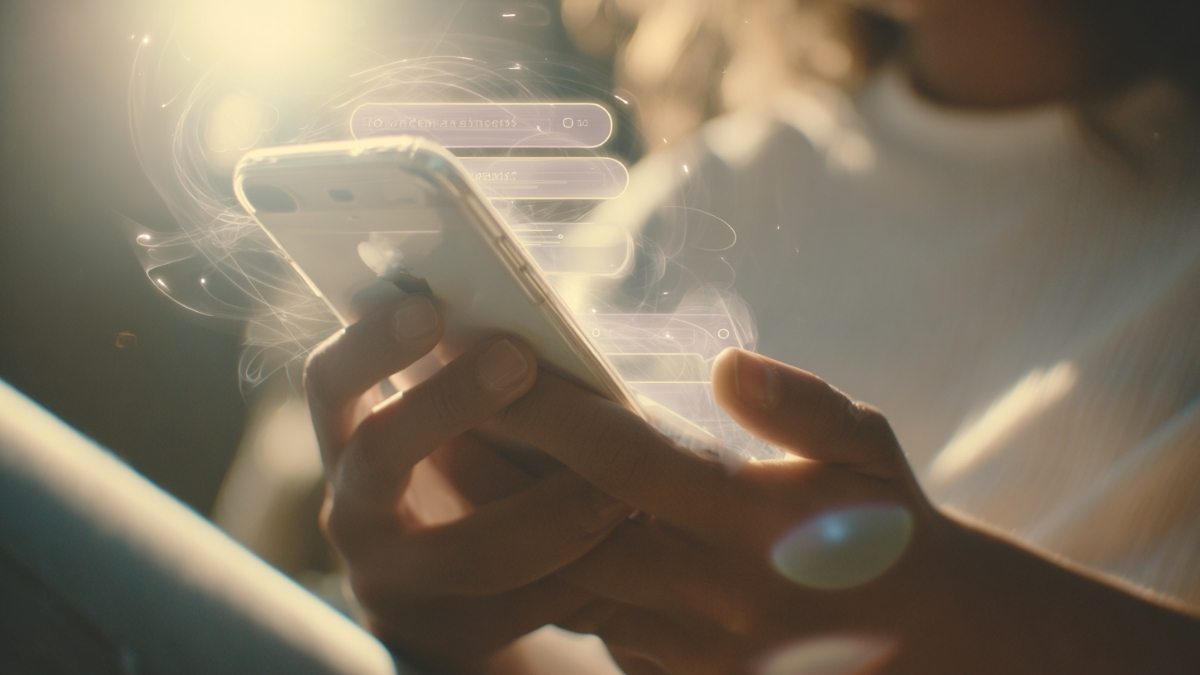 Woman holding a smartphone with floating messages, representing mobile messaging, brand communication, and connected customer experiences.