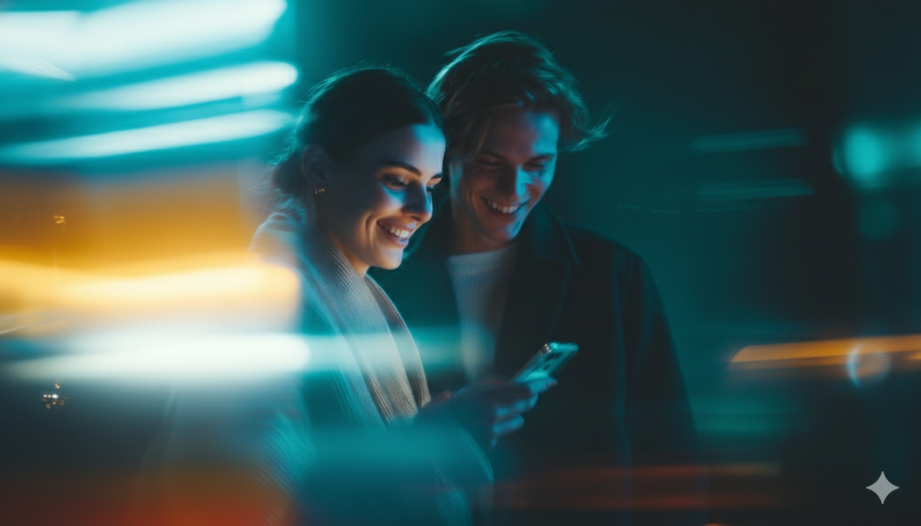 Two people looking at a mobile device, illustrating how IC Engage integrates custom gamification into our consumer engagement solutions to motivate participation.