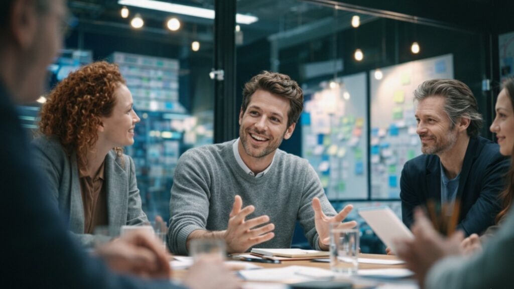 Collaborative Team Huddle illustrating the positive reactions of our consumer engagement solutions