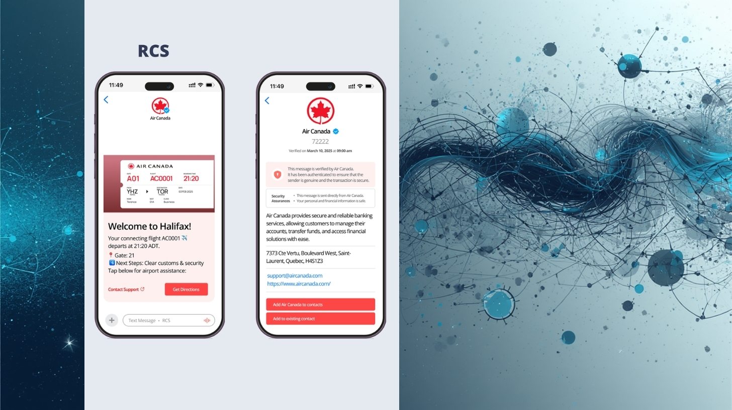 An RCS message from Air Canada featuring live flight details and interactive buttons, powered by our secure Canadian mobile messaging solutions.