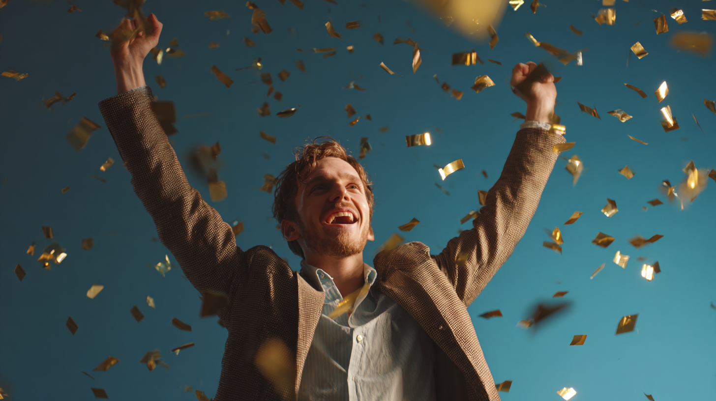 A man celebrating with his hands in the air, illustrating the high-impact results of a prize strategy powered by our consumer engagement solutions.