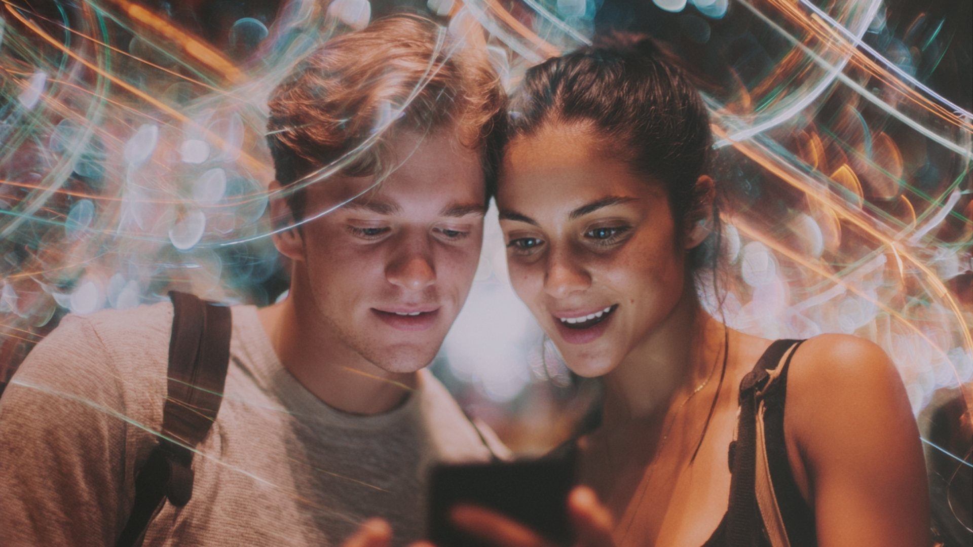 Two people reacting with excitement to a mobile phone, illustrating the impactful moments created by our consumer engagement tools.