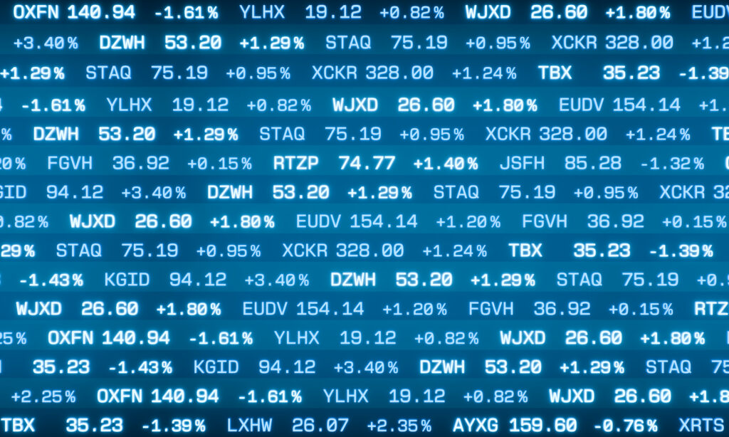 stock tickers and stock prices on stock market ticker tracker board.