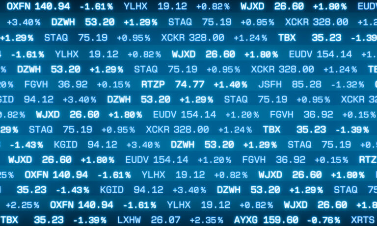 stock tickers and stock prices on stock market ticker tracker board.