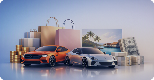 Illustration of a sweepstakes prize package including cash, travel, shopping rewards, and luxury vehicles, representing the types of promotional prizes brands use to increase engagement, collect first-party data, and drive customer participation.